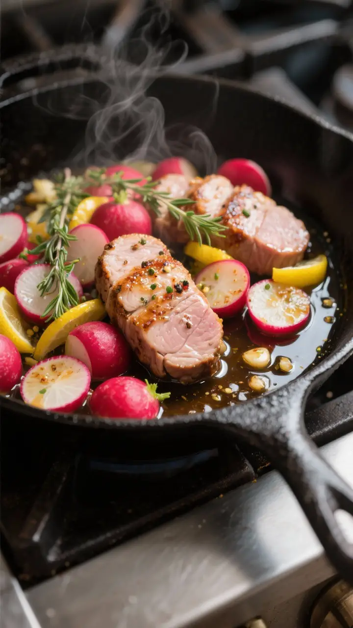 Cooking process, skillet action: Sliced pork tenderloin medallions nestled among sautéed halved red