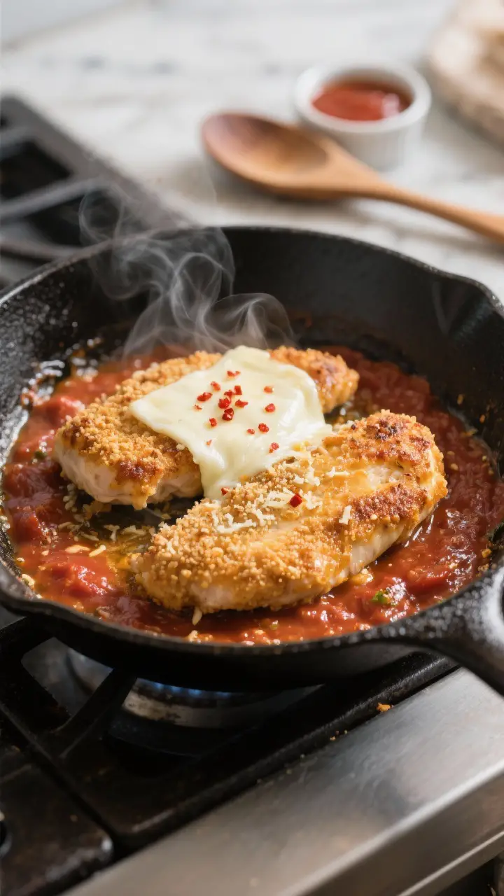 Cooking process, skillet sizzle: Golden-browned chicken cutlets nestled in a shallow layer of marina