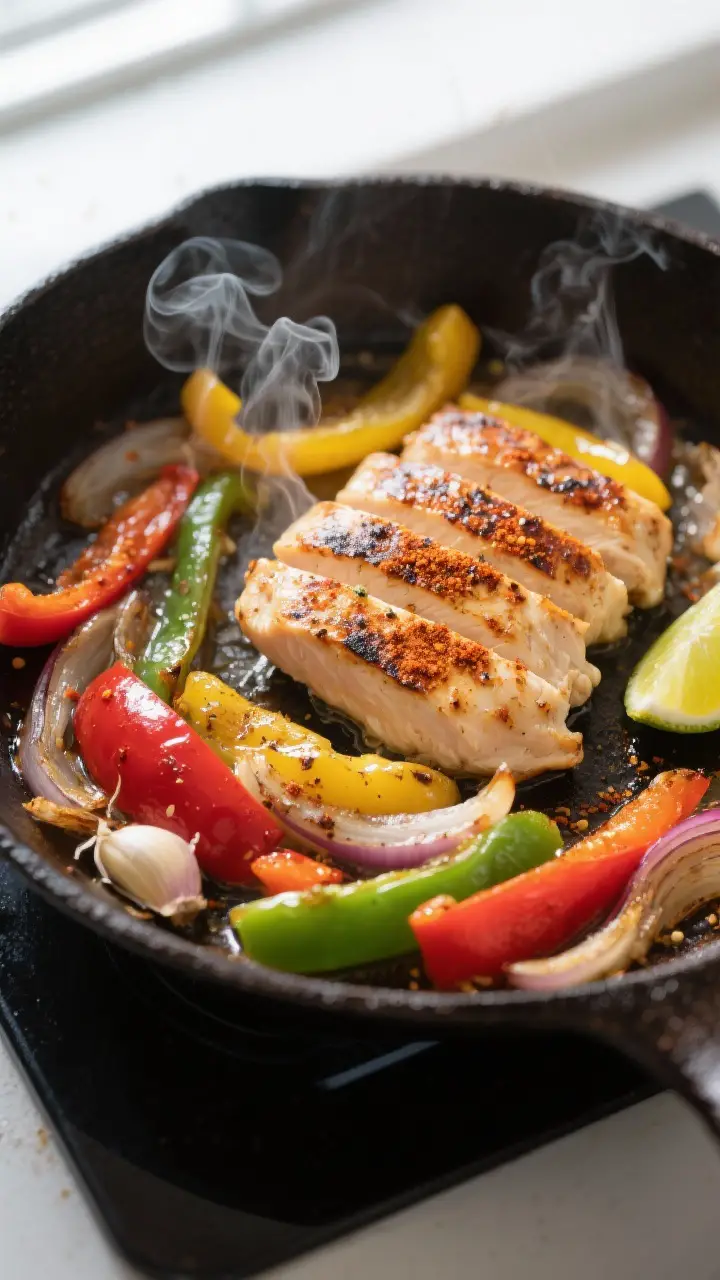 Cooking process, skillet sizzle: Searing strips of cooked chicken breast in a 12-inch cast-iron skil