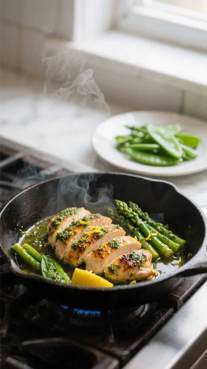 Cooking process: Sliced pesto-marinated chicken sizzling in a cast-iron skillet, golden sear and cha