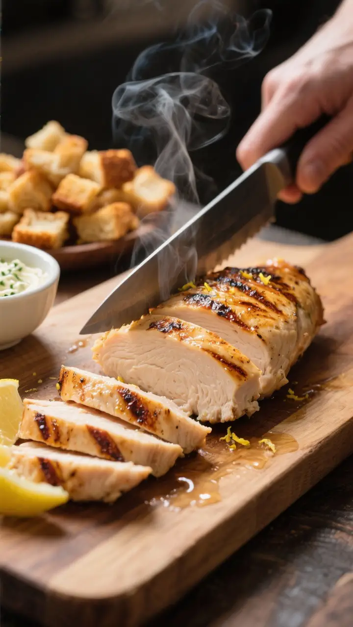 Cooking process — Slicing juicy grilled chicken: Thinly sliced, perfectly cooked chicken breast wi
