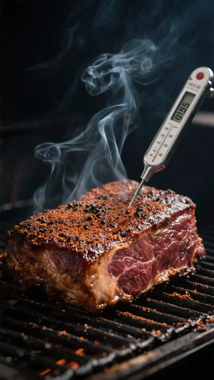 Cooking process, smoker stage: Close-up of a cooked brisket on a smoker grate at 225–250°F, fat s
