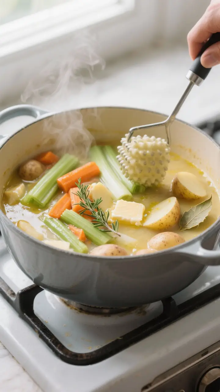 Cooking process — Spring Vegetable Chowder base simmering in a matte enamel Dutch oven: close-up o