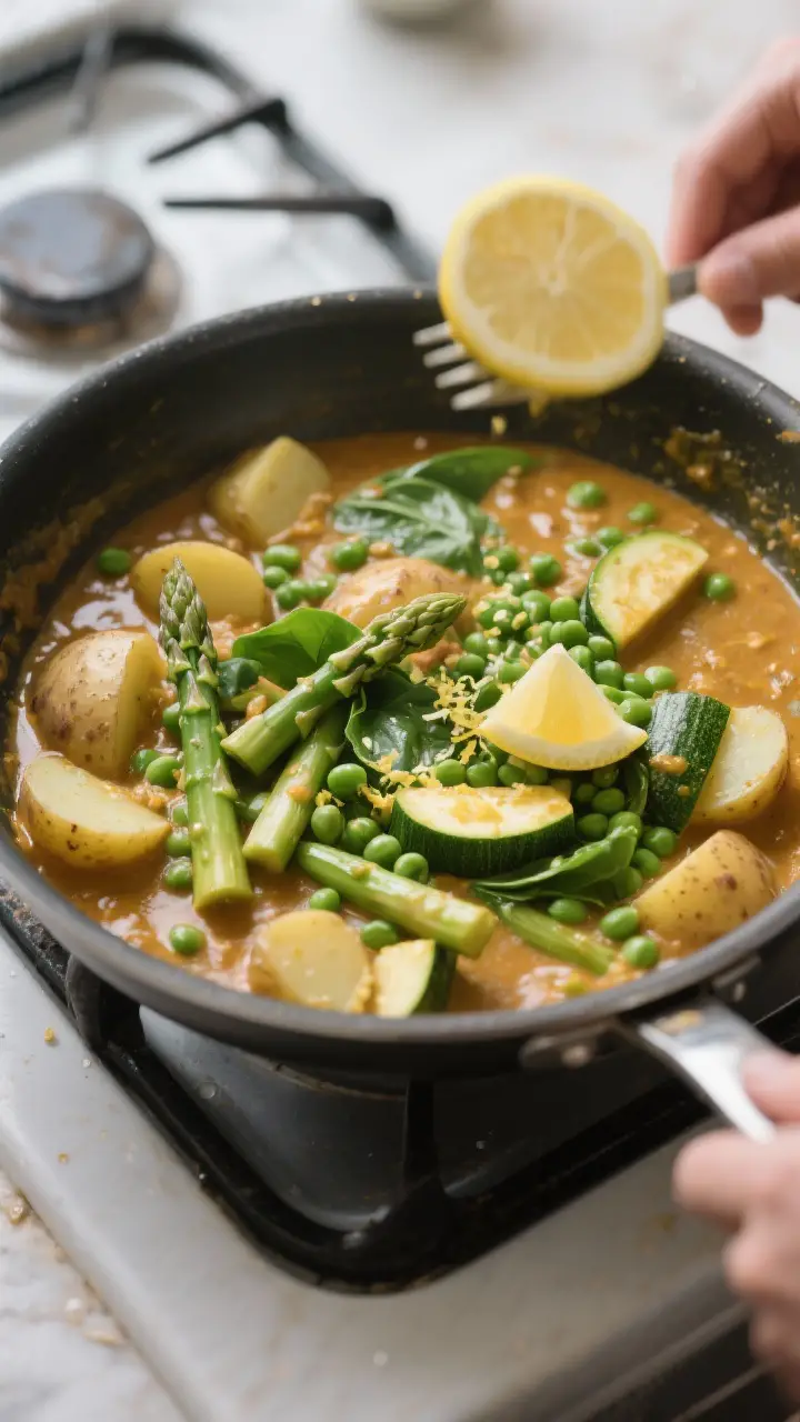 Cooking process: Spring vegetable curry simmering gently in a wide, heavy skillet; potatoes already 