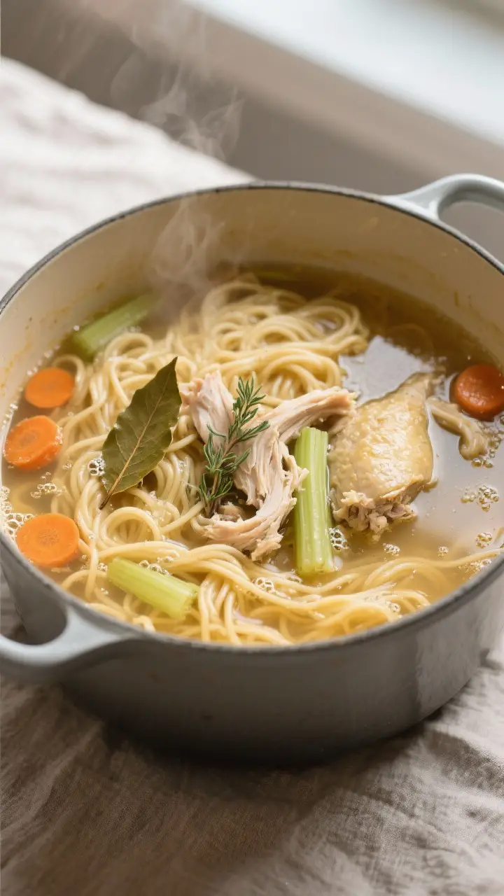 Cooking process, steam-kissed simmer: Old fashioned chicken and noodles mid-cook in a wide Dutch ove