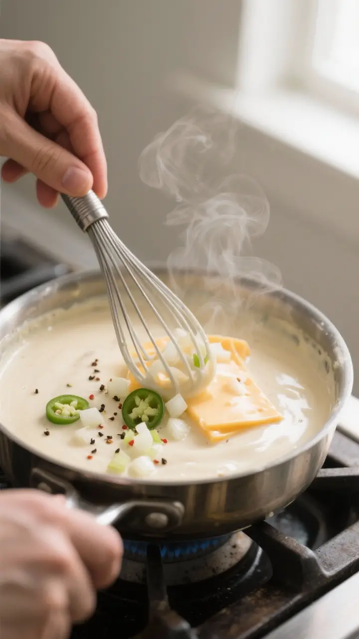 Cooking process, stovetop action: Silky Queso Blanco Dip mid-melt in a small stainless saucepan, Ame
