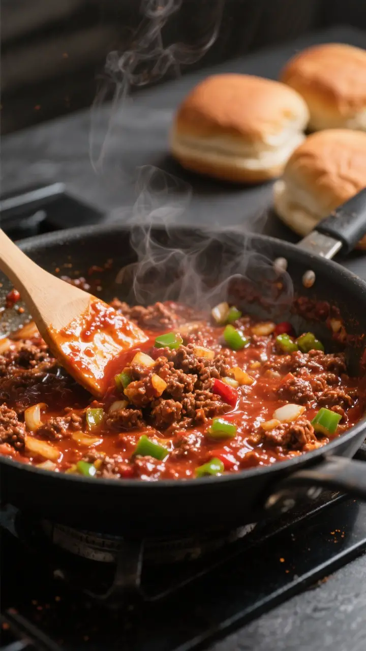 Cooking process, stovetop action: Sloppy Joe filling simmering in a wide stainless skillet, close-up