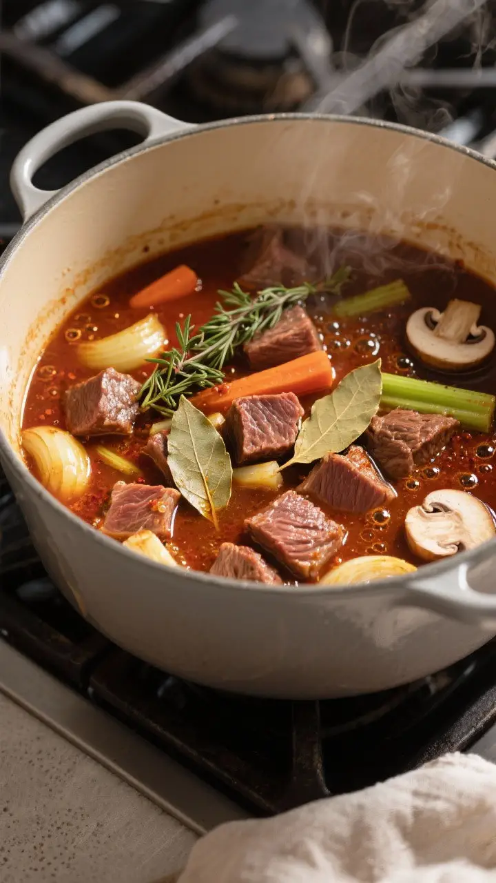 Cooking process, stovetop: Lean beef chuck cubes and sautéed aromatics simmering in a Dutch oven, s