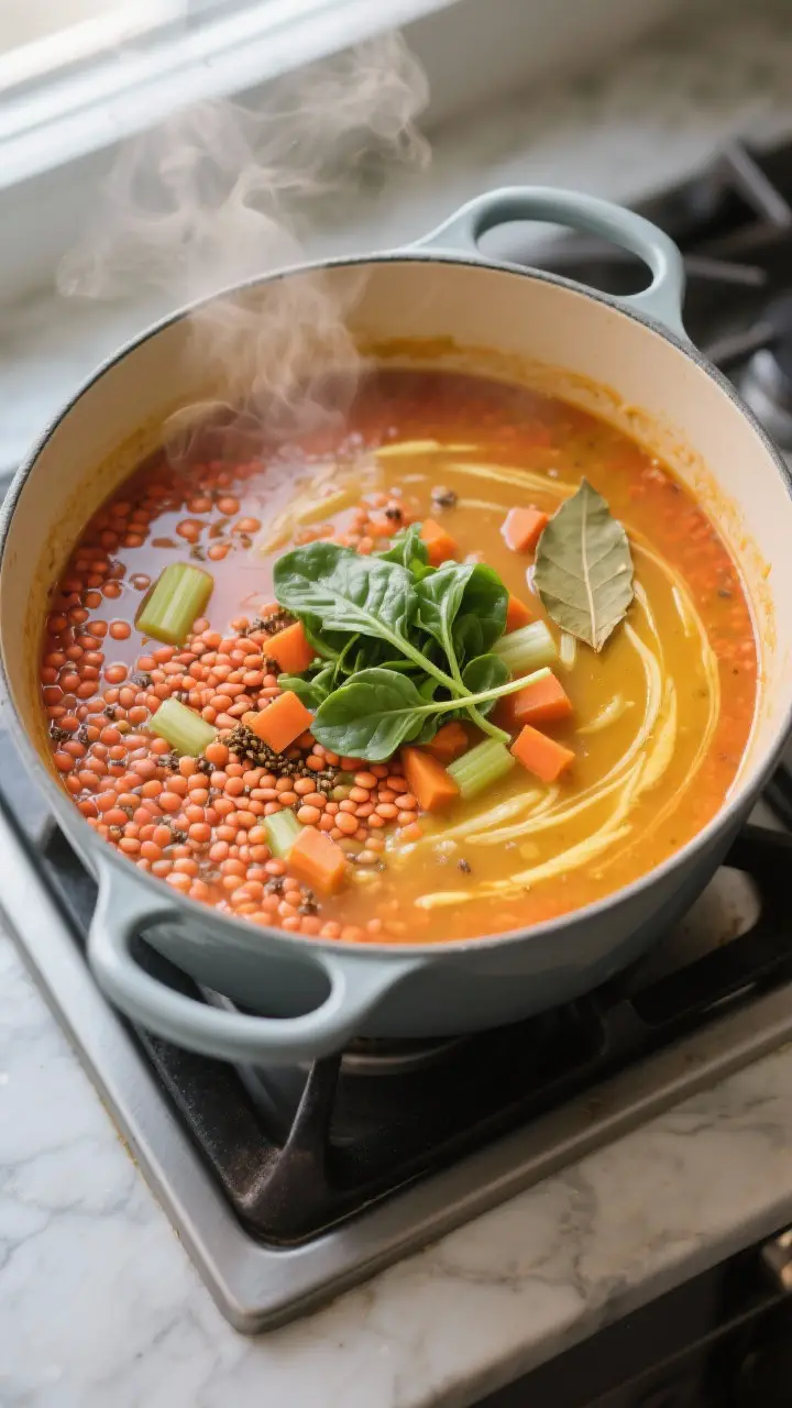 Cooking process, stovetop: Lemony Lentil Soup simmering in a wide, matte enamel pot, overhead angle 
