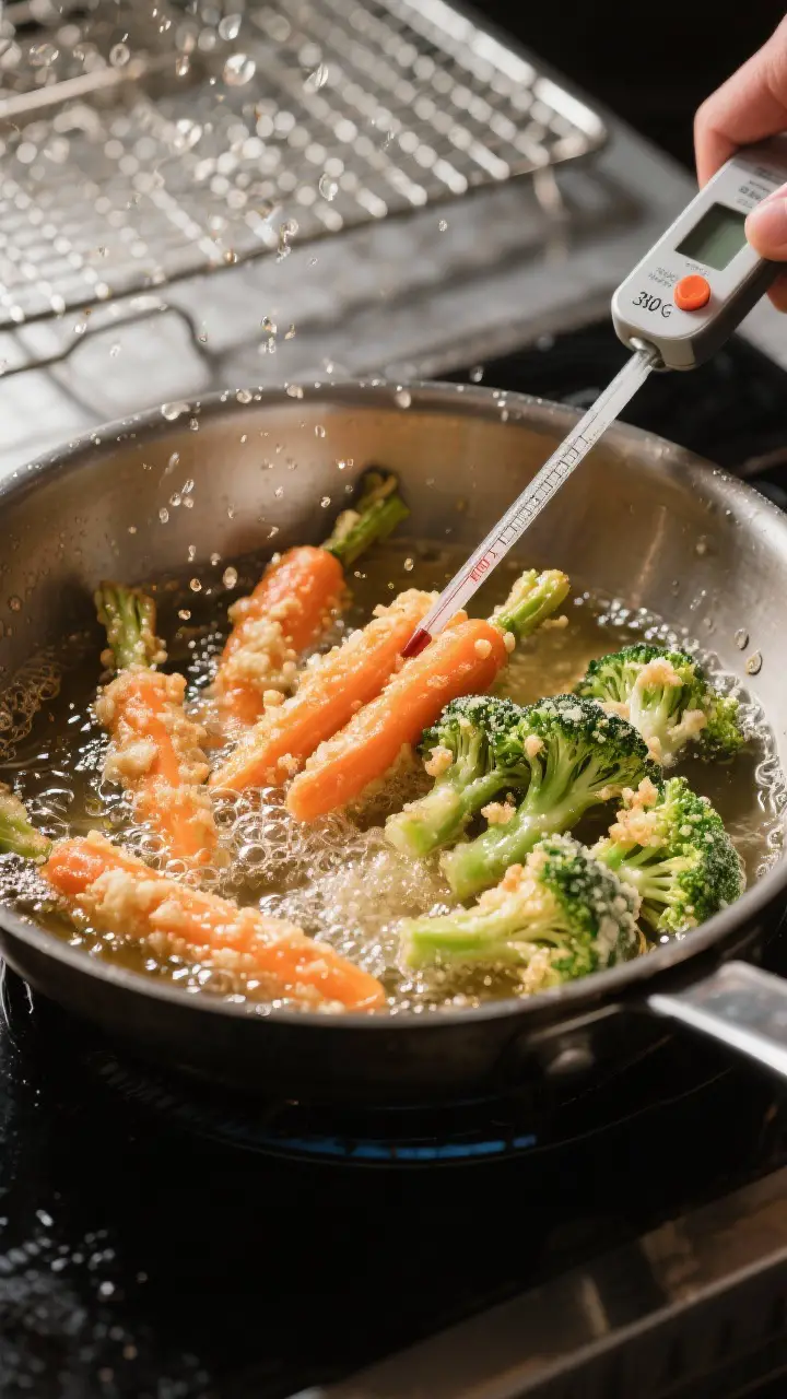 Cooking process: Tempura vegetables being slid into 350°F oil in a heavy pot—baby carrot halves a