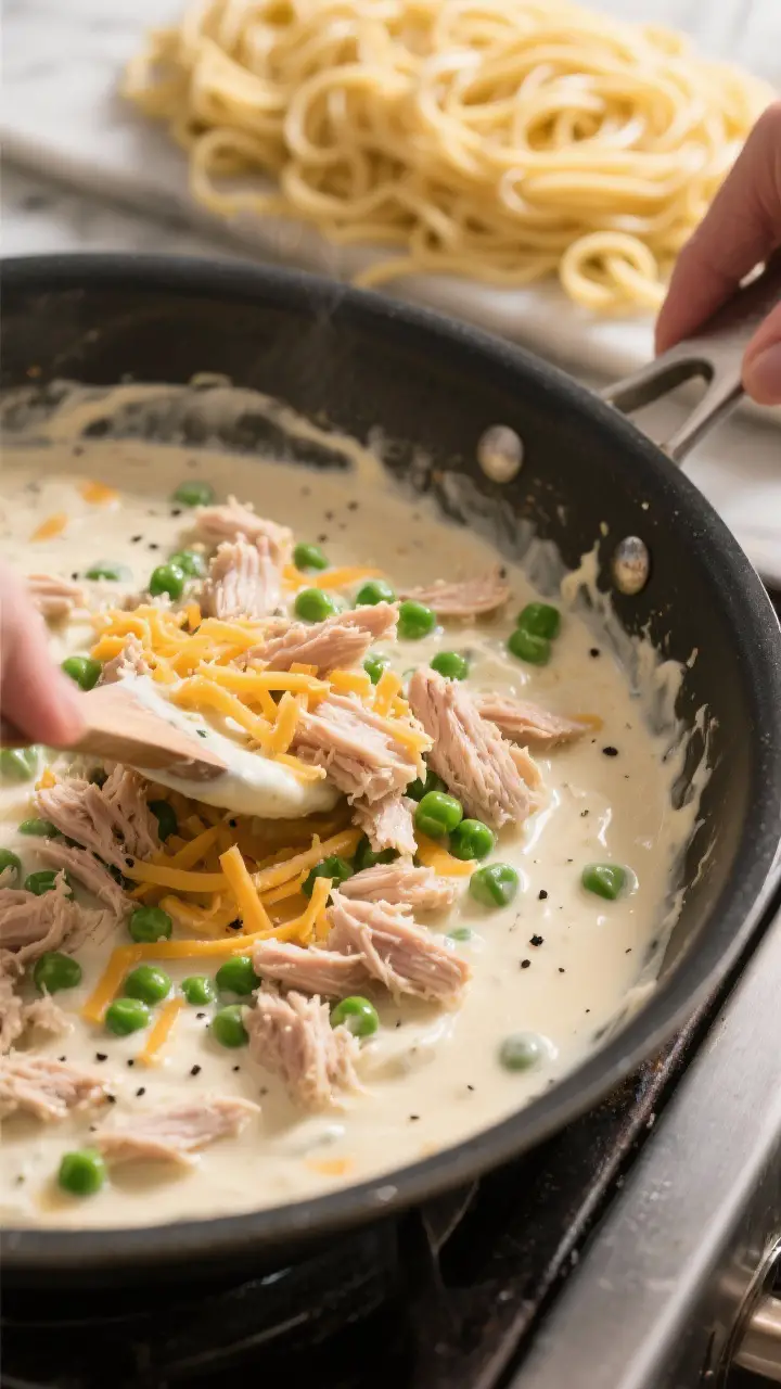Cooking process: The creamy sauce being folded together with flaked tuna, frozen peas, and shredded 