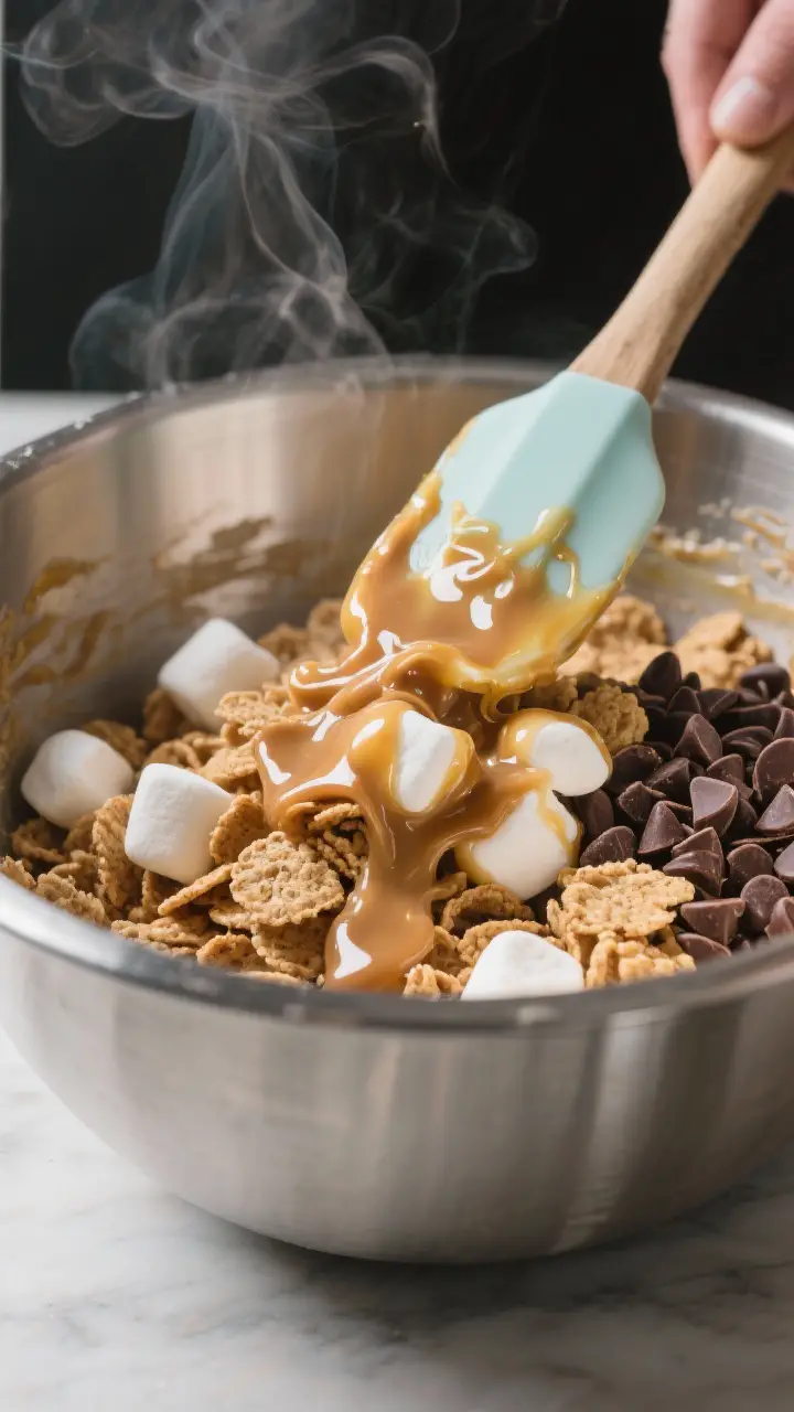 Cooking process: The glazed mix being gently folded in an oversized stainless mixing bowl with a sil