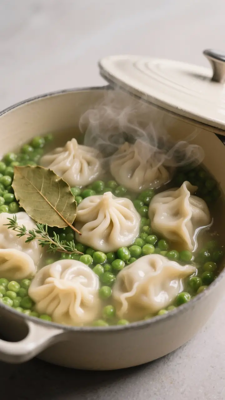Cooking process: The moment right after the lid is lifted—dumplings fully puffed and set, peas bri