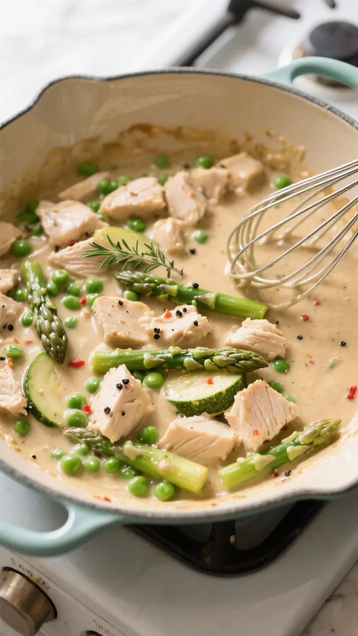 Cooking process: the roux-based filling being finished in an oven-safe skillet—silky, thick sauce 