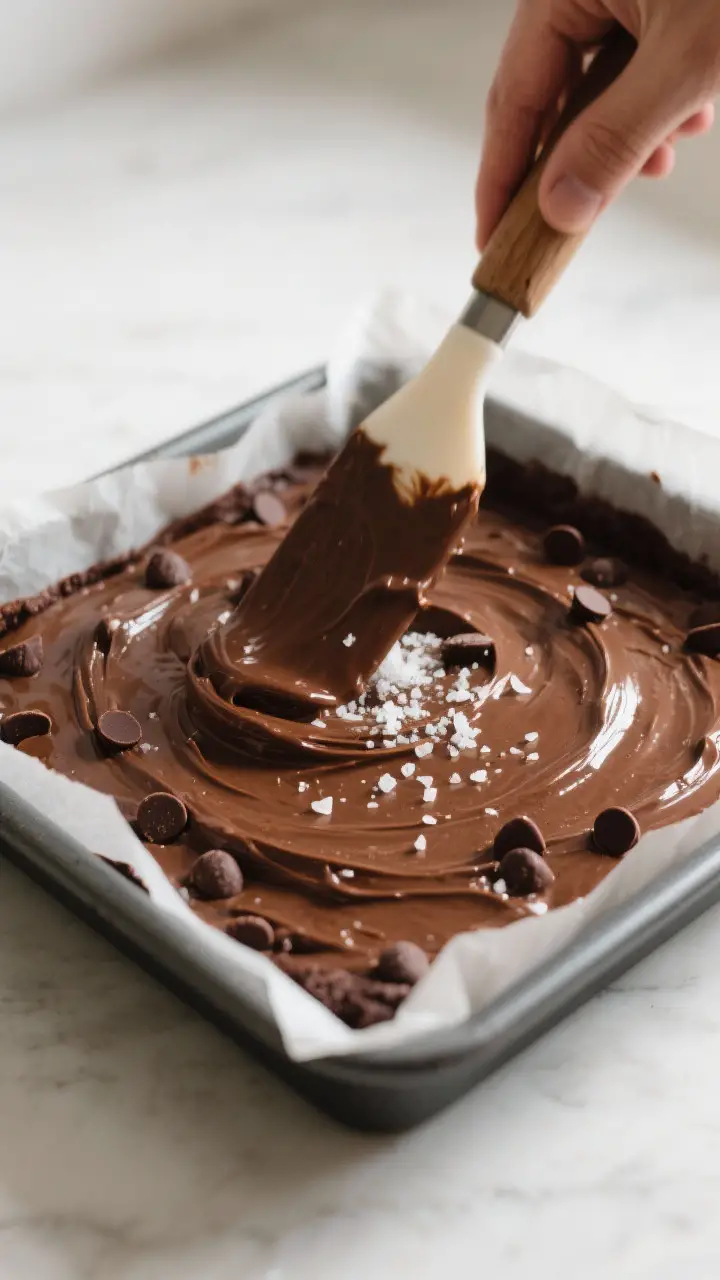 Cooking process: Thick, glossy brownie batter being smoothed into a parchment-lined 9x9-inch pan wit