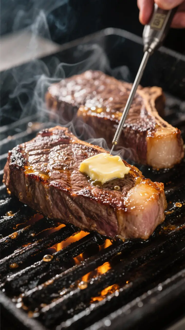 Cooking process: Two New York strip steaks sizzling over direct high heat on a clean, oiled grill, b