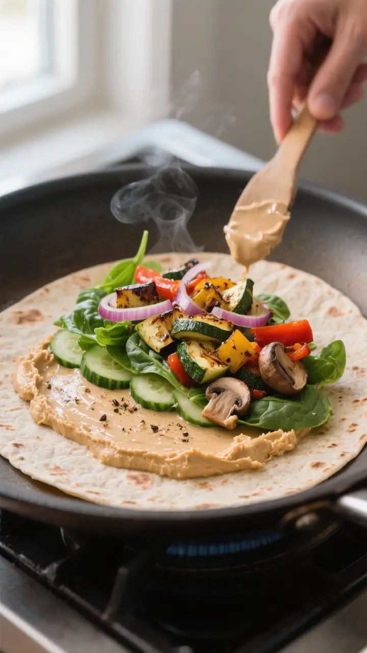 Cooking process: Warm 10-inch whole wheat wrap on a dry skillet being spread edge-to-edge with a thi
