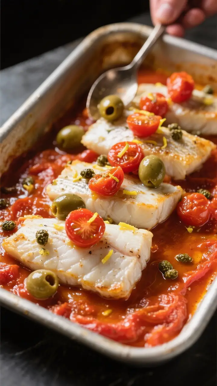 Cooking process: White fish fillets just nestled into the hot tomato-olive sauce after the initial r
