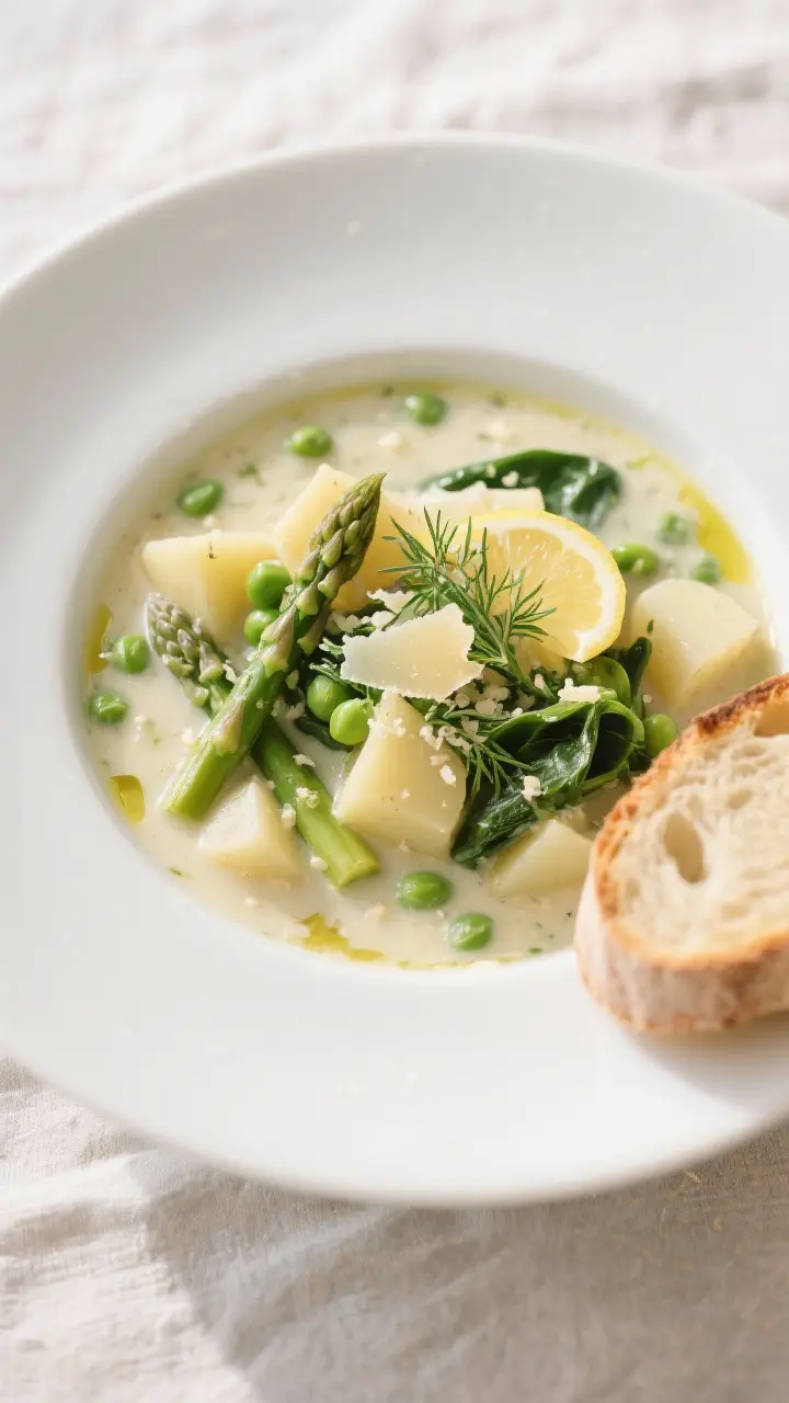 Final dish — Beautifully plated bowl of Spring Vegetable Chowder: silky, cream-kissed broth with t
