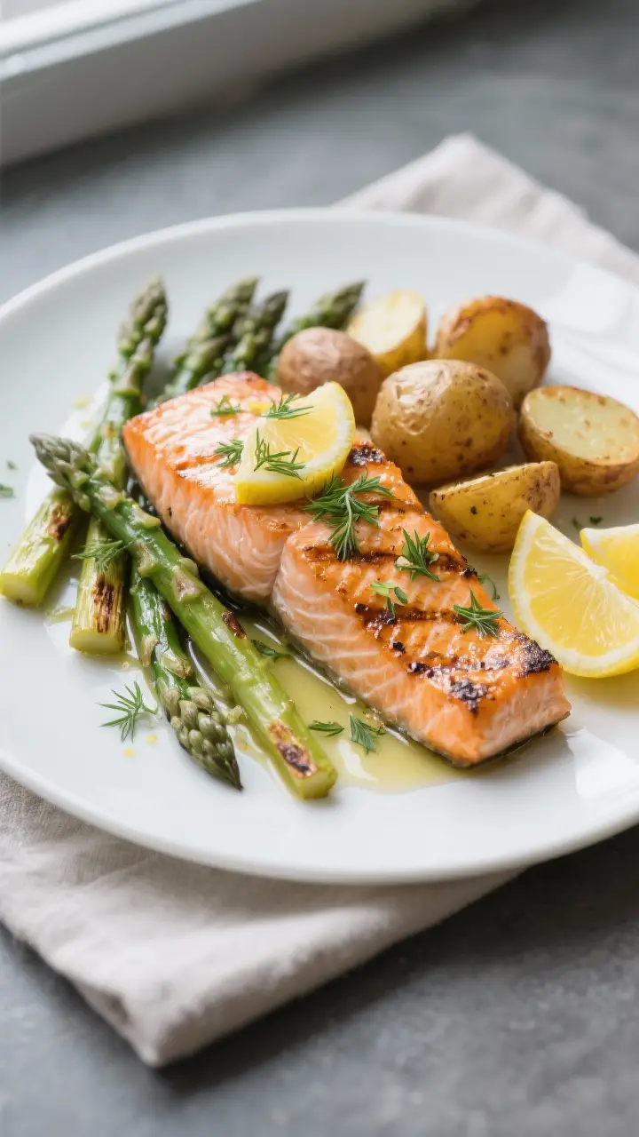 Final dish: Beautifully plated grilled salmon with lemon and dill on a matte white plate, glossy, li