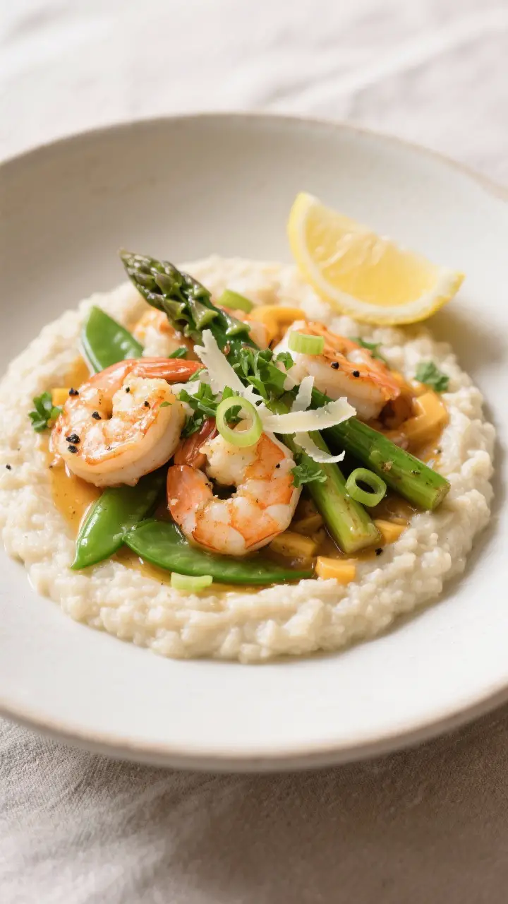 Final dish: Beautifully plated Shrimp and Grits with Spring Vegetables—ultra-creamy stone-ground c