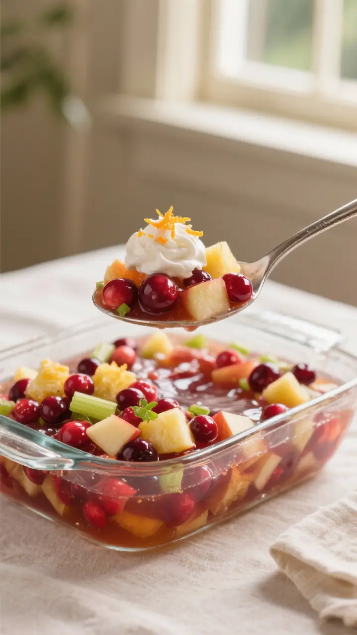 Final dish beauty: A glossy, spoonable Cranberry Jello Salad set in a clear glass baking dish, prese