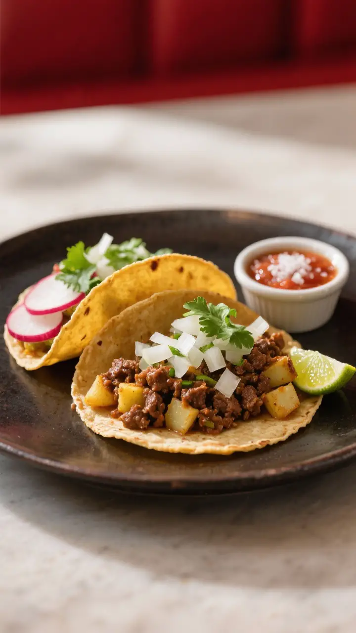 Final dish beauty plate: Two picadillo tacos on warm corn tortillas, generously filled but not spill