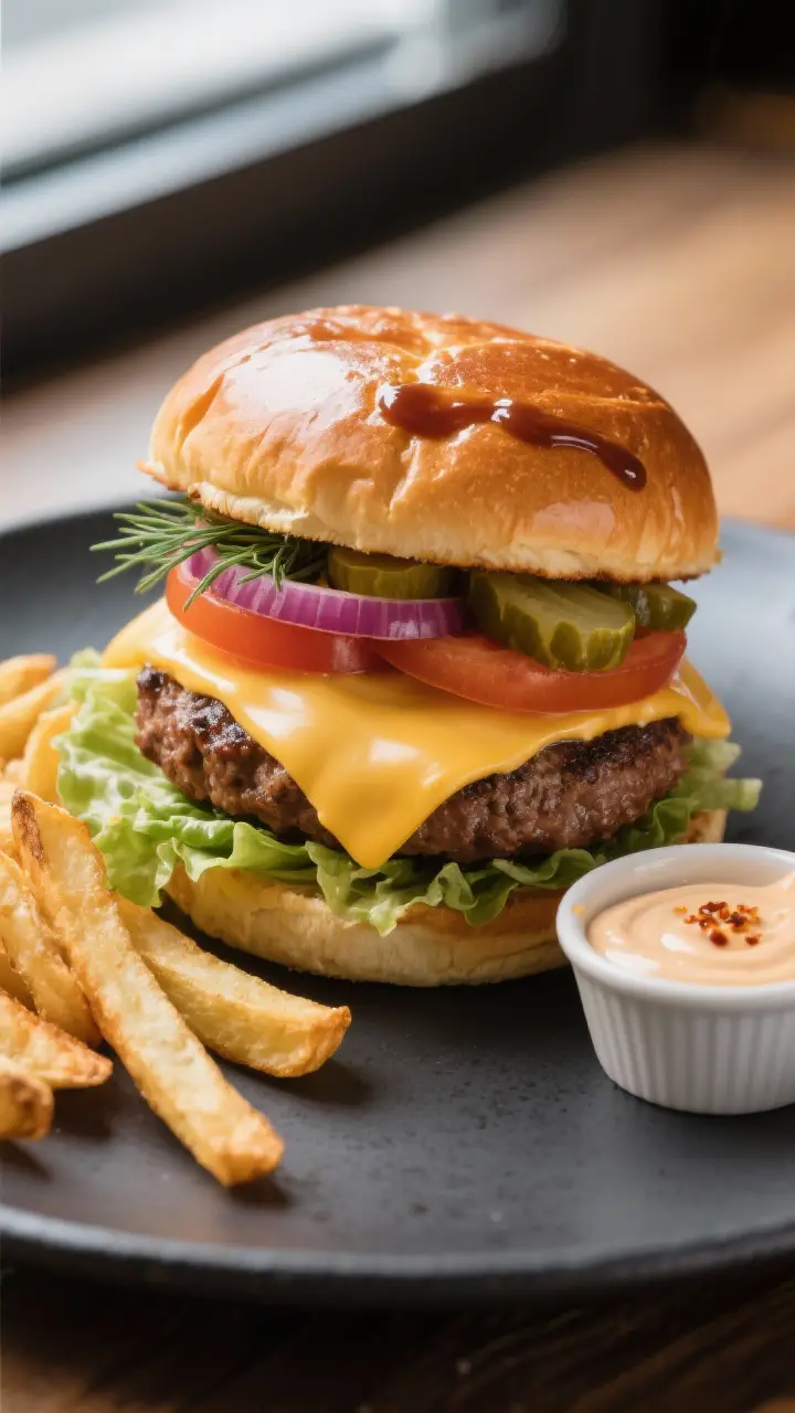 Final dish beauty shot: Fully assembled smoked cheeseburger on a toasted brioche bun, American chees