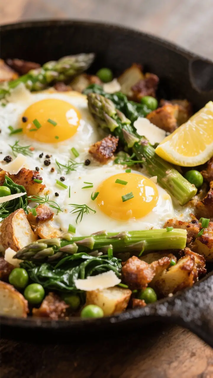 Final dish, close-up detail: Close-up of jammy, just-set eggs nestled in the cooked hash, with gloss