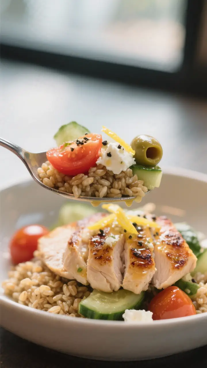 Final dish detail: Macro close-up of a spoonful lifted from the bowl showing layers—chewy farro, t