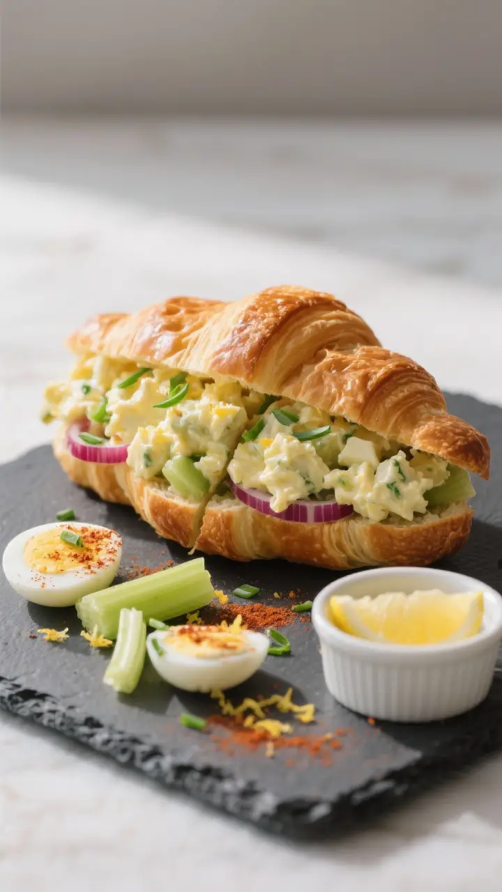 Final dish elegance: Restaurant-quality presentation of egg salad tucked into a buttery croissant, c