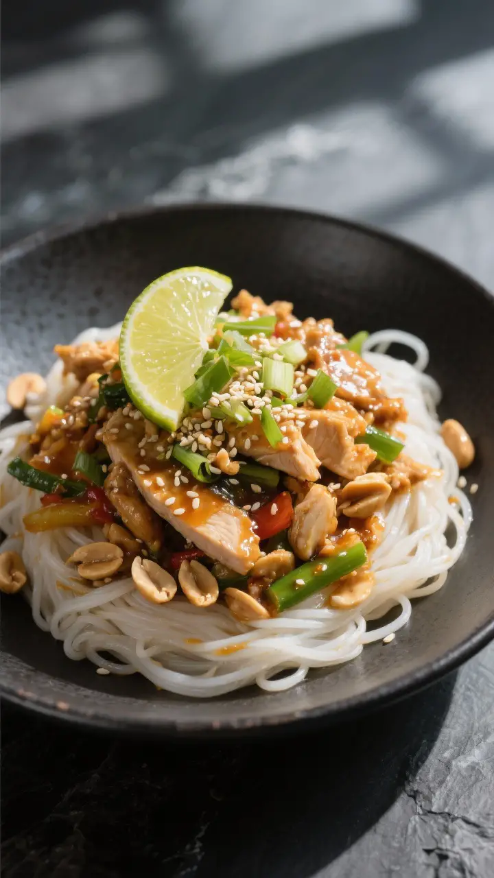 Final dish glamour: Restaurant-quality plated bowl with rice noodles as the base, piled high with pe