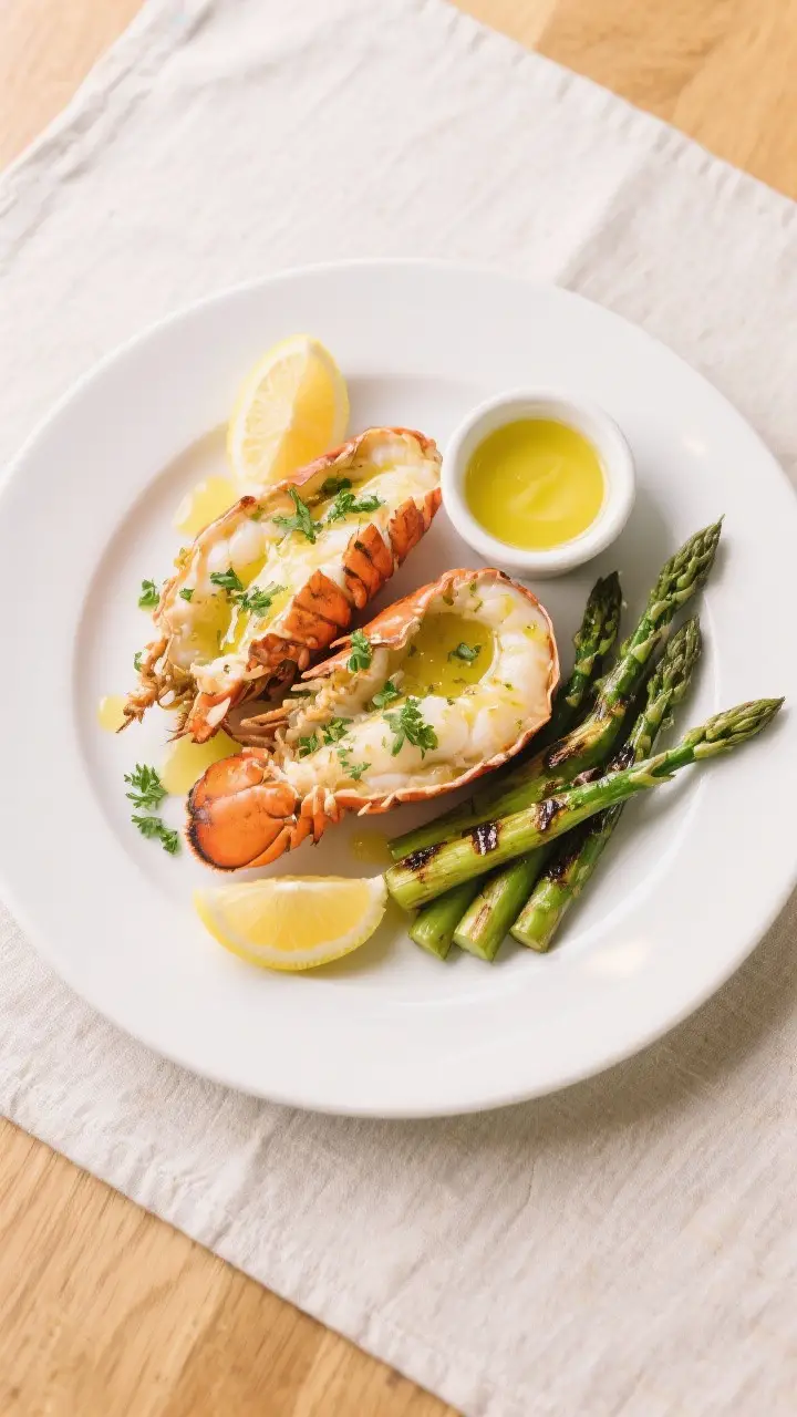 Final dish, overhead: Beautifully plated garlic herb butter lobster tails on a white rimmed plate, f