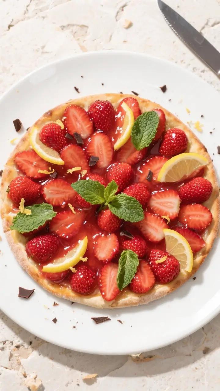 Final dish overhead: Finished strawberry pizza presented top-down, strawberries arranged in concentr