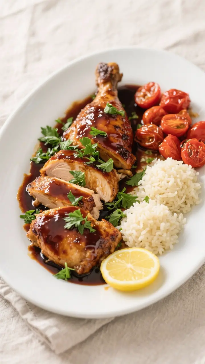 Final dish, overhead: One Pan Balsamic Glazed Chicken plated family-style on a wide white platter, a