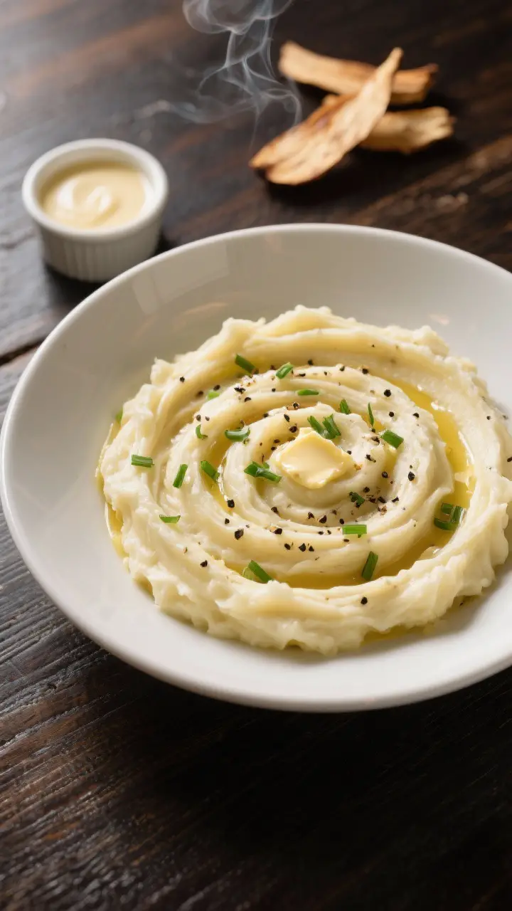 Final dish, overhead top view: Restaurant-worthy bowl of smoked mashed potatoes swirled into soft pe