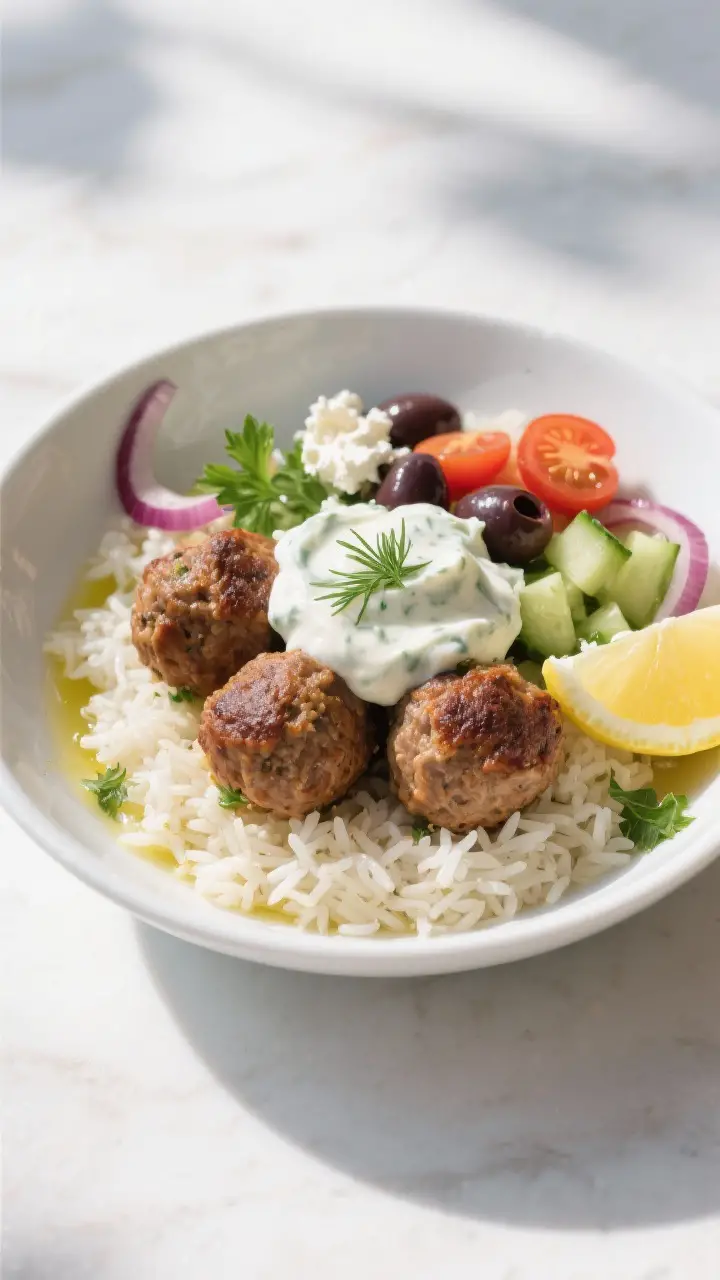 Final dish plated: Beautifully composed Greek Meatball Bowl in a wide white ceramic bowl—steaming 