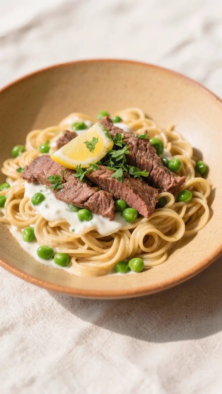 Final dish plated: Beautifully plated Lighter Beef and Noodles in a wide, warm ceramic bowl—whole