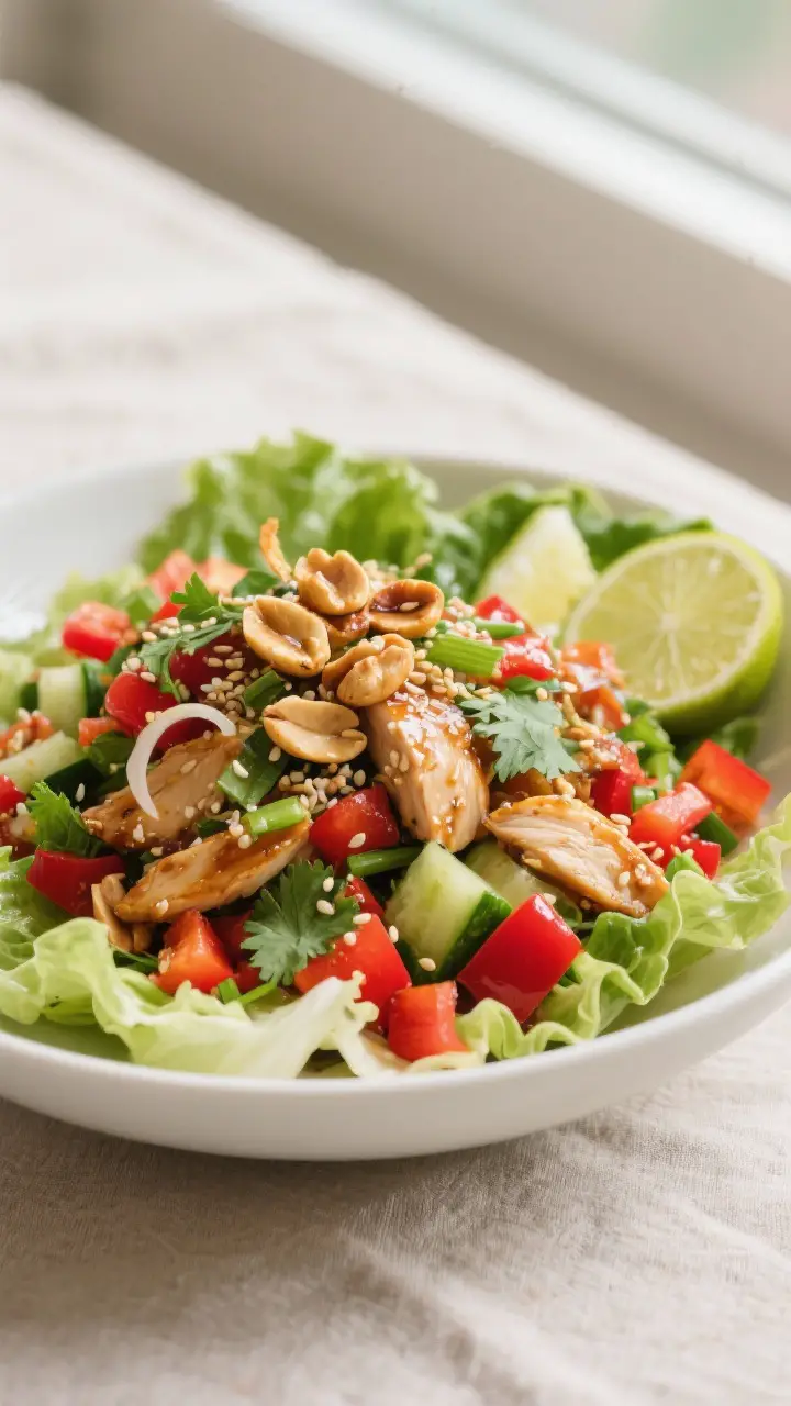 Final dish, plated beauty: Asian Chicken Lettuce Wraps Salad heaped in a wide, low white bowl—cris