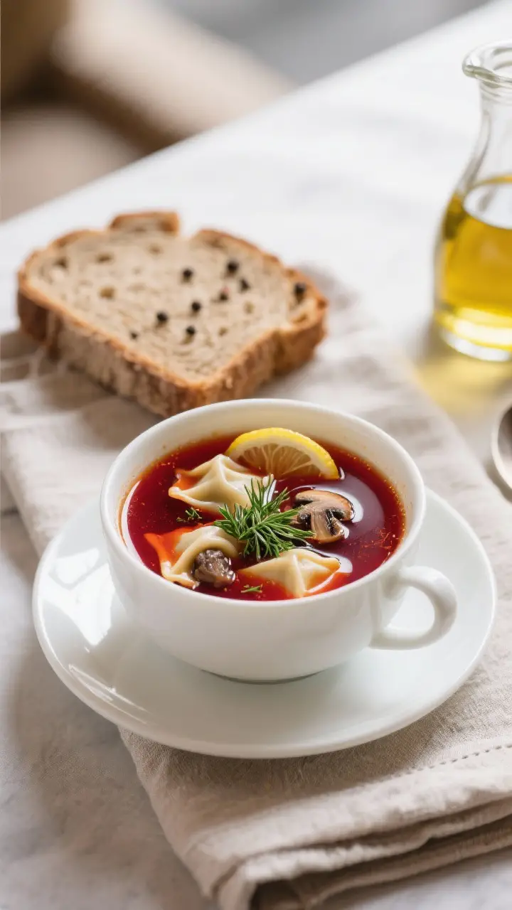 Final dish, plated: Clear Christmas-style barszcz served in elegant white cups, deeply translucent c