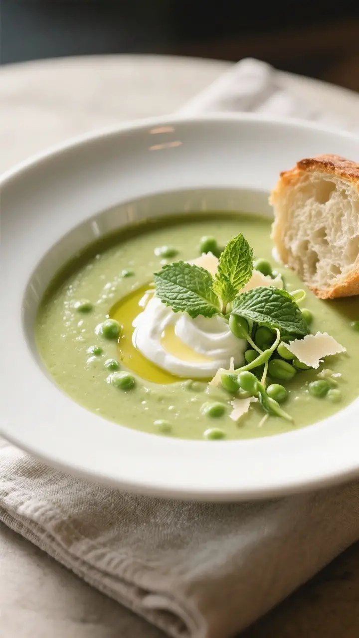 Final dish, plated elegance: Beautifully plated Spring Pea Soup With Mint in a matte white wide-rim
