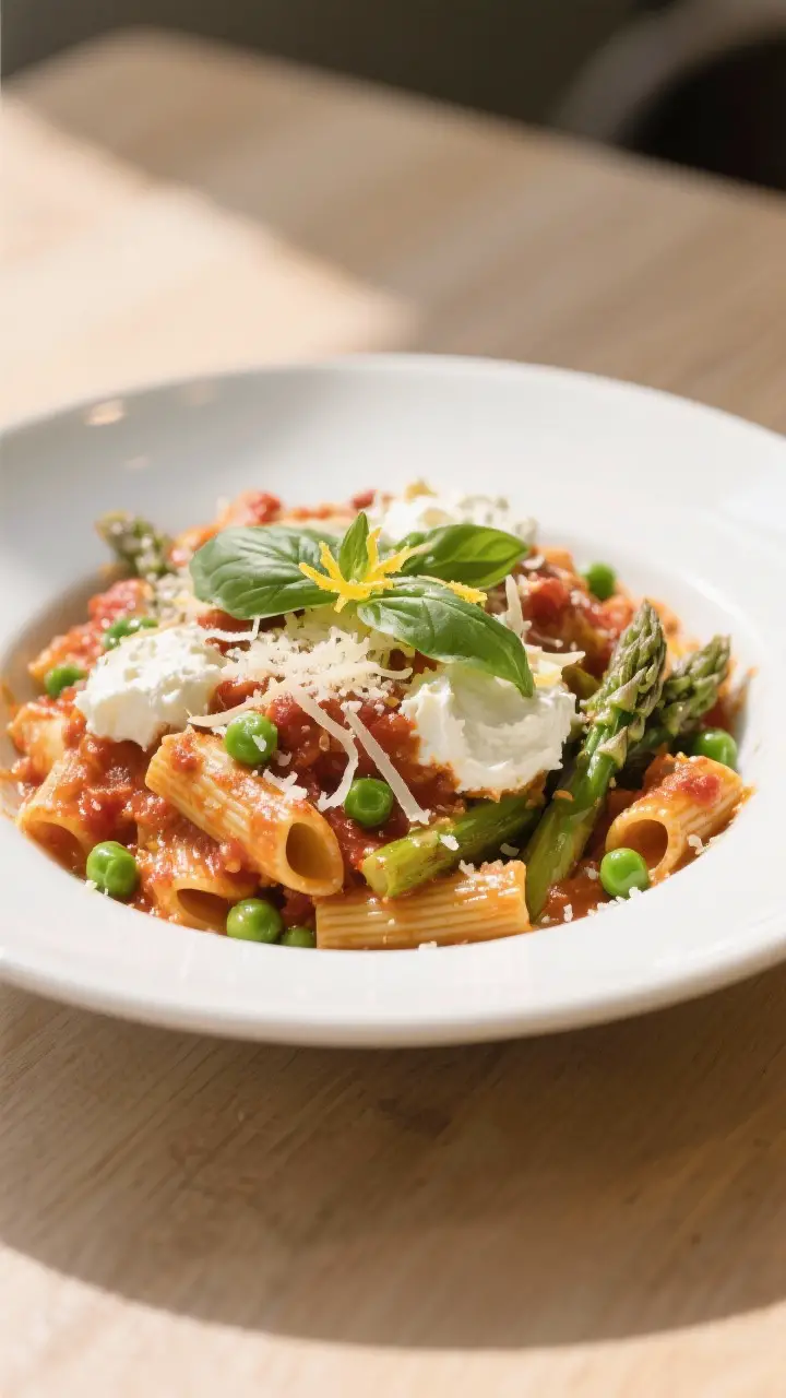 Final dish, plated presentation: A generous scoop of Baked Ziti with Spring Vegetables served in a w