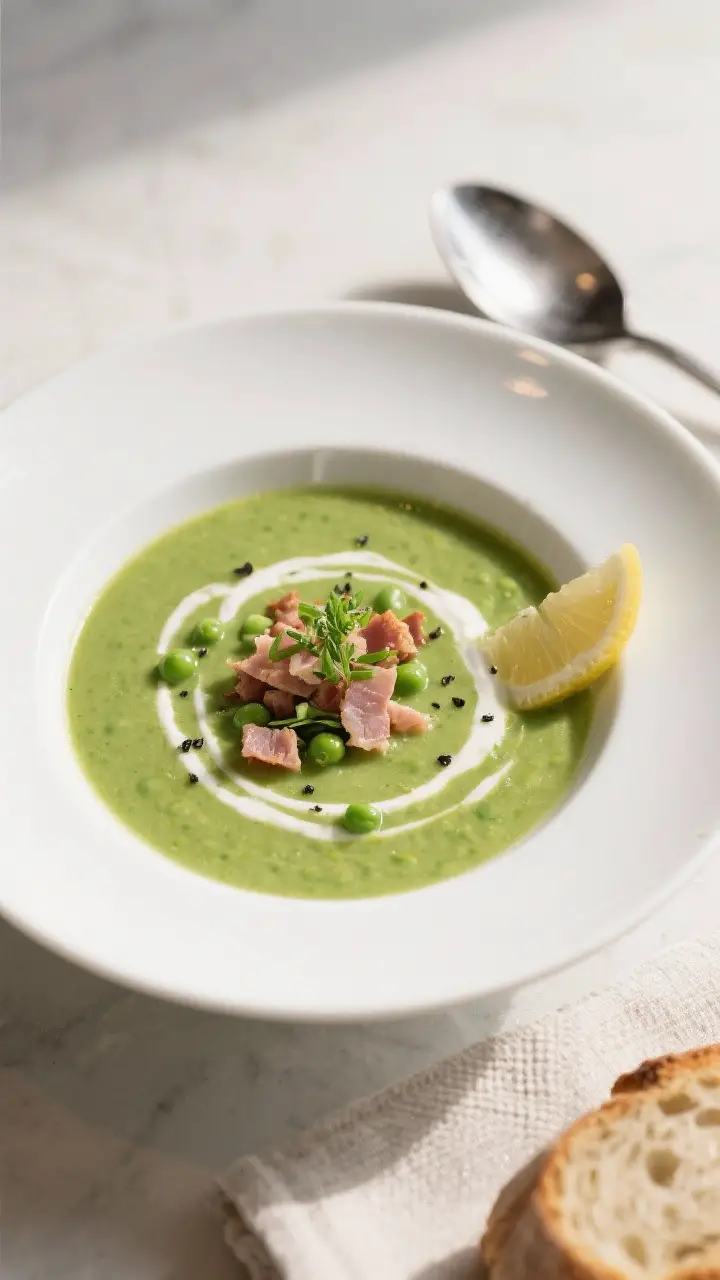 Final dish, plated presentation: Beautifully plated smooth spring pea and ham soup in a wide white b
