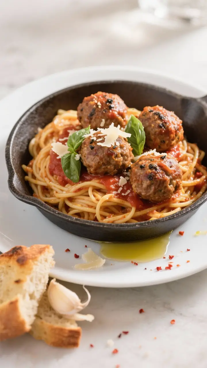 Final dish, plated presentation: Beautifully plated skillet turkey meatballs with marinara over al d