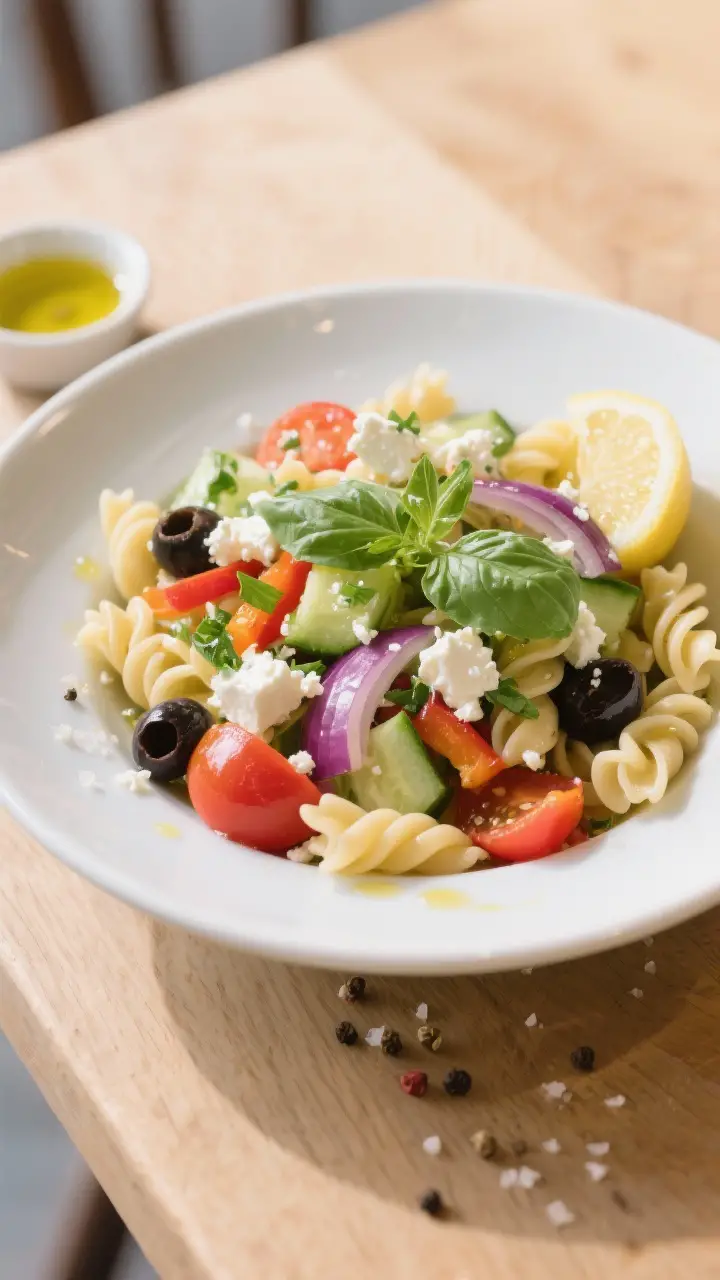Final dish, plated presentation: Beautifully plated pasta salad in a wide white shallow bowl, finish