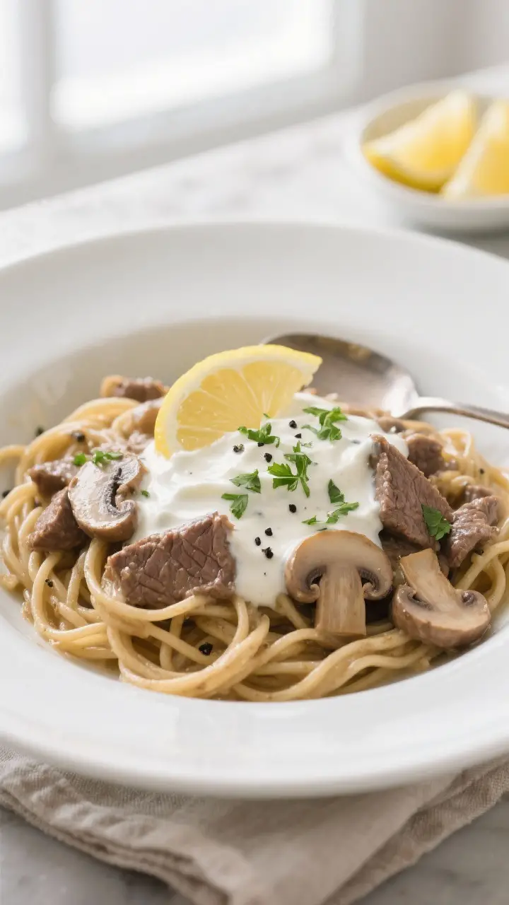 Final dish, plated presentation: Lighter Beef Stroganoff spooned over whole-wheat egg noodles in a w
