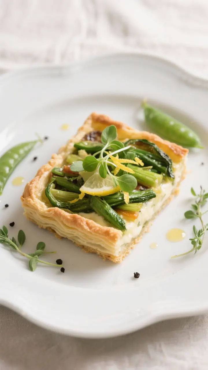 Final dish, plated presentation: Sliced square of Spring Vegetable Tart on a simple white ceramic pl