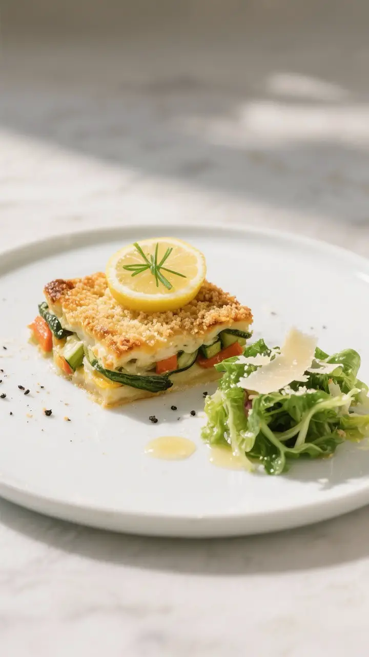 Final dish plated: Restaurant-quality presentation of a square of spring vegetable gratin served on 