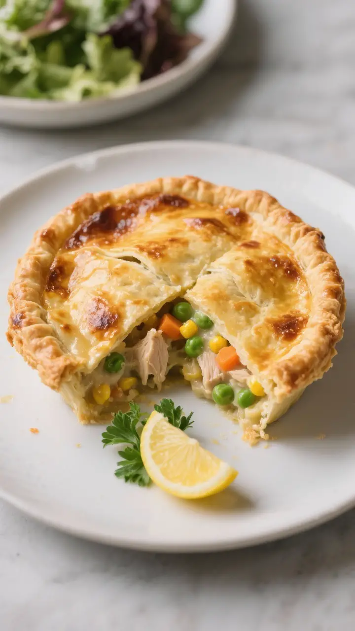 Final dish presentation: A golden, deeply blistered single-crust chicken pot pie just out of the ove