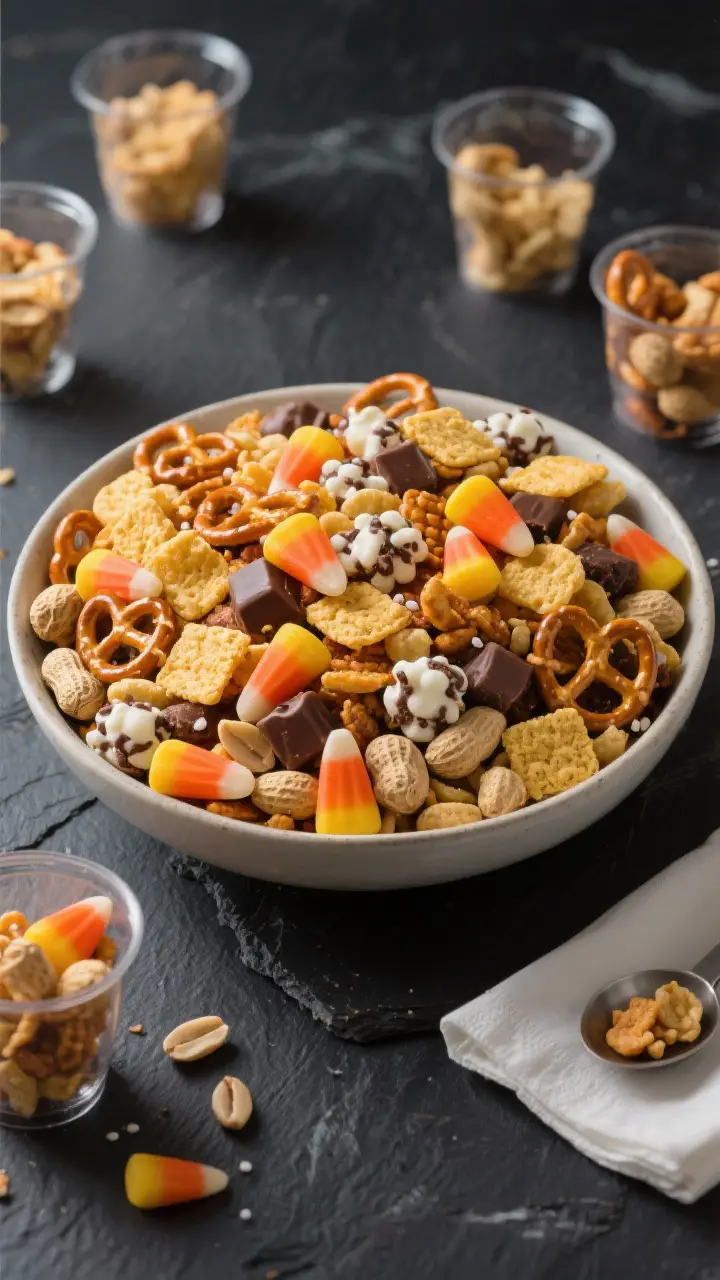 Final dish presentation: A party-ready serving bowl brimming with the Sweet Salty Candy Corn Snack M